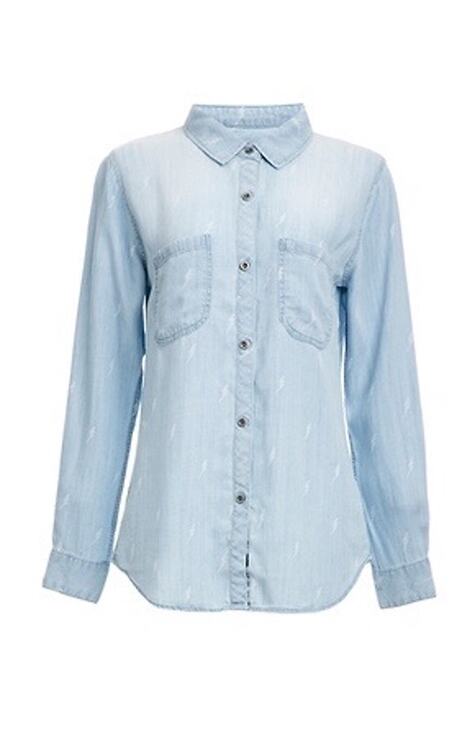 Rails Tops - Rails Light Blue Chambray Arrow Long Sleeve Lyocell Button-Up Shirt Size Medium